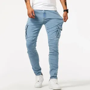 Jean pour homme de couleur unie, pantalon cargo en denim multi-poches, taille moyenne, slim fit, tenue quotidienne pour printemps automne - Product Image 1
