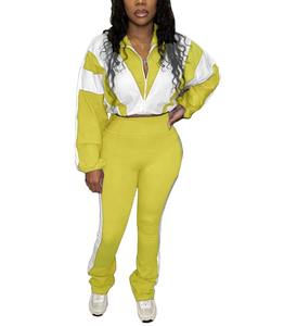 Acheter en gros à la mode deux pièces ensemble pour femme bloc de couleur à manches longues fermeture éclair veste courte et pantalon ajusté skinny survêtement - Product Image 3