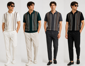 High Quality Summer Comfortable Short Sleeve Patchwork Men's Half <b>Zip</b> Plain Dyed Casual Viscose/Polyester 180g Knitted Shirt - Product Image 2
