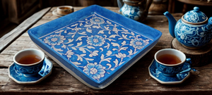 Plateau en céramique abstraite peint à la main bleu, poterie d'art moderne, artisanat multifonctionnel primé pour les mariages, Diwali, 8 x 8 pouces - Product Image 3