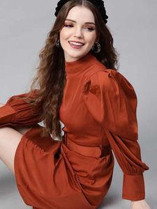 Vestido de satén de moda para mujer Elegante naranja sólido con hombros poderosos Hasta la rodilla para fiestas - Product Image 2