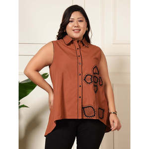 Chemisier brodé sans manches pour femme Deebaco, grande taille, col rabattu, long, décontracté, automne, pièce unique - Product Image 1