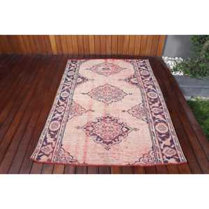 Turkish Area Rug 4.3x6 ft, <b>Red</b> Blue Floral Rug <b>Wool</b> - Product Image 1