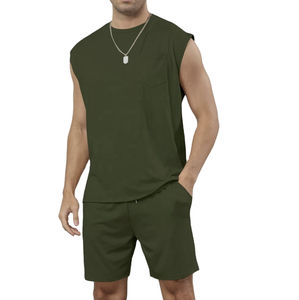 Ensemble sportif décontracté élégant pour homme, 2 pièces, tenue d'été, t-shirt sans manches brodé, short en maille, style hip-hop, extensible - Product Image 5