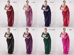 Heavy Faux Georgette Saree con Secuencia y trabajo de espejo real para todos los eventos con borlas adjuntas - Product Image 6