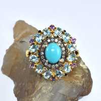 Bague Vintage Art Déco Bleu Turquoise Argent Sterling 925 Plaqué Or 14K Qualité Supérieure Certifiée IGI Cadeau de Noël Bijoux