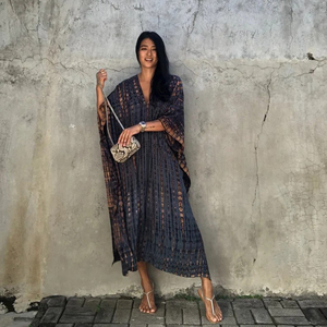 Vestido Maxi de Rayón con Estampado Floral Tie-Dye Hecho a Mano, Cuello en V y Manga Larga para Mujer, Cintura Natural, Estilo Kaftan de Verano - Product Image 1