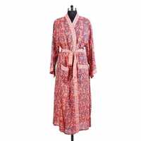 Robe Kimono Bohème Élégante à Col en V pour Femme, Légère, Longue, Imprimée, en Nylon Doux, avec Ceinture, Idéale pour les Vacances et comme Vêtement de Nuit