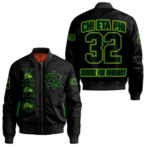 Blouson bomber noir pour homme Chi Eta Phi, imprimé numériquement, fermeture éclair sur le devant, coupe-vent décontracté avec logo vert et numéro 32 - Product Image 1