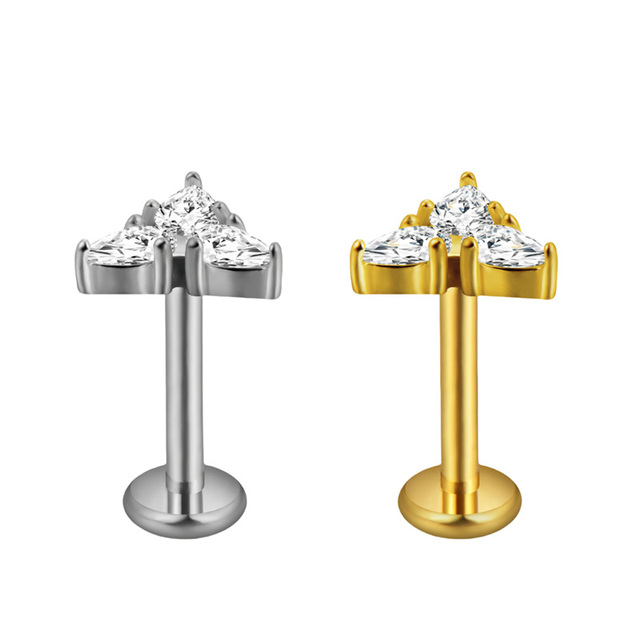 Wholesale 316 Stainless Steel Flat Back Stud Gold PVD Hypoallergenic Labret Piercing Jewelry Zircon Cartilage Earrings for Women