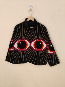 Chaqueta de Terciopelo Negro con Bordado de Ojos, Cuello Mandarín, Manga Farol Tres Cuartos, Estilo Y2K, Ropa de Abrigo Otoñal para Adultos - Product Image 1
