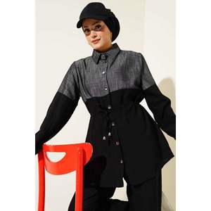 Denim Garnished <b>Buttoned</b> Tunnel 2 Piece Set <b>Black</b> - Product Image 3