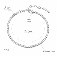Bracelet tennis en argent sterling 925, chaîne à griffes de 2 mm, 15+5 cm, 3,79 g, réglable, bijoux pour femmes avec fermoir en forme de larme