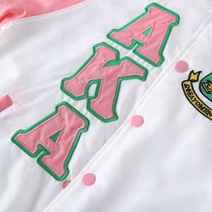 AKA Bomber <b>Jacket</b> Custom Lining Women Greek Letter Embroidered Pink Green <b>White</b> Varsity Streetwear <b>Jacket</b> - Product Image 2
