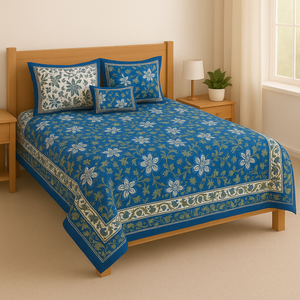 Siêu Vua Kích Thước 100% Tinh Khiết Bông Bộ Đồ Giường Đặt Tay Khối In Ấn Độ Hoa Motif Sâu Màu Xanh 108X108 Inch - Product Image 1