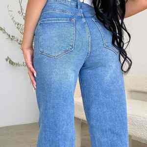 Pantalon en jean décontracté pour femme, taille haute, vintage, respirant, patchwork, uni - Product Image 3