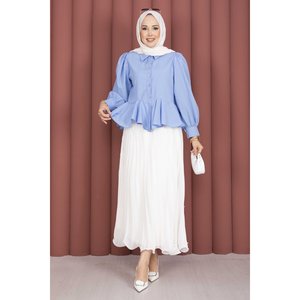 Camisa de Gasa Azul Vintage con Volantes y Falda para Mujer, Talla XL, para Uso Diario o Formal, con Decoración de Botones Tejidos, para Primavera/Verano/Otoño - Product Image 1