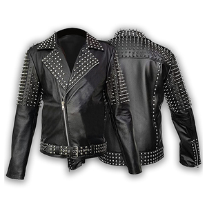 Custom <b>Men's</b> Retro Rider Zipper Winter Jacket High Quality <b>Men</b> Outdoor Real Leather <b>Studded</b> Jacket - Product Image 4