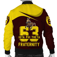 Blouson universitaire brodé Iota Phi Theta 1963 en satin grec premium, col montant, logo frontal, pour l'hiver