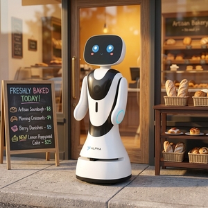 Robot d'accueil Timo mignon et populaire auprès des clients, qui diffuse des vidéos, parle, présente les produits, salue et embrasse, un best-seller, réceptionniste. - Product Image 2