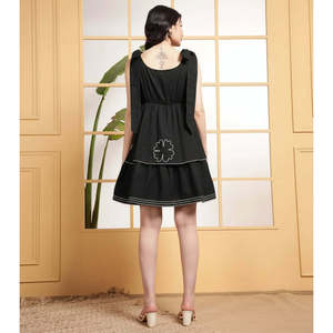 Deebaco Women's Black Cotton Sleeveless A-Line Mini <b>Dress</b> With Floral Embroidery Square Neck <b>Loose</b> Fit Casual Summer Wear - Product Image 4