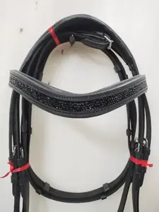 Brida acolchada de cuero anatómico de cuero negro con piedra de color negro y brida de doma acolchada de La India... - Product Image 3