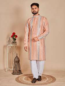 Manyavar Original Designer Hommes Mariage Kurta Pyjama Classique Georgette Riche Fil À Broder Travail Soie Matériel Gaufré Fait - Product Image 3