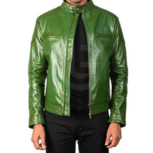 Custom Design Genuine <b>Sheepskin</b> Leather <b>Jacket</b> for Men Solid Color Stand Collar with Front Logo Canvas Material for Streetwear - Product Image 3
