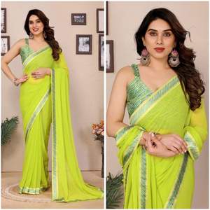 Chemisier en satin Georgette et dentelle avec motif floral Impression numérique Saree quatre saisons écologique pour toutes les occasions - Product Image 3