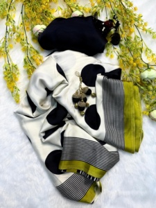 Tela semi Gajji heavy sari con blusa flor Premium creap seda Sari - Product Image 5