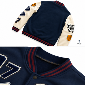 SINEWY SPORTS <b>Men's</b> Navy Varsity <b>Jacket</b> Embroidered Patch Design Preppy Style Cotton Shell Regular Fit Autumn Wear - Product Image 3
