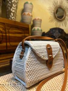 Lombok Handwoven Traditional Rattan Sling <b>Purse</b> <b>White</b> Dome with Leather Strap Wicker Crafts - Product Image 2