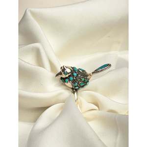 925 Silver Solitaire <b>Ring</b> with Tibetan <b>Turquoise</b> Anokhi Panchi <b>Ring</b>; Romantic Style Stainless Steel 18K Inlay Gold Plating Gift - Product Image 5