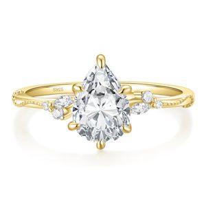 EAMTI Anillo de Compromiso de Plata de Ley 925 con Corte de Pera, Chapado en Oro de 14K, Engaste de Garras, Certificado, Lágrima, 2CT - Product Image 1