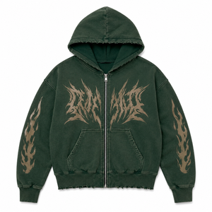 Sudadera con capucha verde desgastada con cremallera para hombre, estilo oversize, gráfico, de forro polar, informal, personalizada, a la moda - Product Image 1