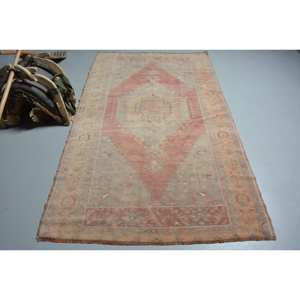 Vintage 4.5 X 7.7 ft Turkish <b>Rug</b> Classic Large Area Rectangle Hallway Pattern Pink Beige Wool <b>Seagrass</b> Backing Model Room <b>Rug</b> - Product Image 1