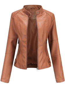 Elegante Slim Fit Transpirable a prueba de viento Cremallera Diseño Forro de algodón ecológico Multi colores Chaqueta de cuero genuino para mujer - Product Image 2