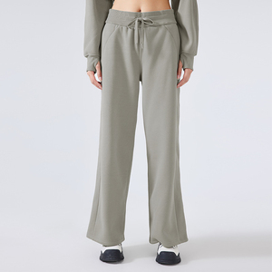 Pantalon élastique gris taille haute sur mesure pour femmes de grande taille inspiré de l'automne décontracté à jambes larges style palazzo avec devant plat - Product Image 6