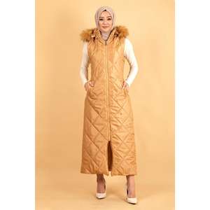 Gilet long matelassé à capuche avec fermeture éclair, sans manches, décontracté et élégant - Product Image 1