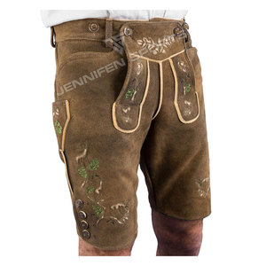 Lederhosen de cuero genuino de piel de vaca Bávara Alemana para hombre, botones bordados frontales cortos, cierre de bolsillo frontal, bucles para cinturón - Product Image 2