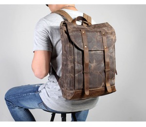 Sac à dos en toile en cuir véritable élégant, robuste, pour les voyages en plein air, l'école, le travail, la randonnée, unisexe, durable, souple, pliable, avec fermeture éclair - Product Image 2