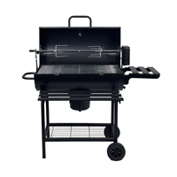 Grill Barbecue à Charbon en Baril sur Chariot de Style Américain avec Rôtissoire à Moteur Électrique pour Poulet Rôti