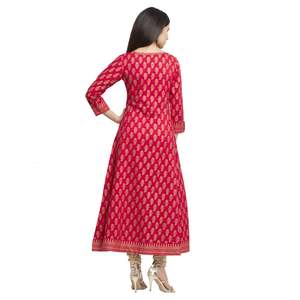 Anarkali Kurta มุสลิมแบบดั้งเดิมพร้อมอุปกรณ์เสริมผ้าฝ้ายพิมพ์สีทองเสื้อผ้าและเครื่องประดับแบบดั้งเดิมระดับพรีเมียม - Product Image 3