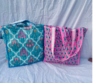 <b>Wooden</b> <b>Block</b> <b>Print</b> Fabric Cotton Quilted Tote Bags for Ladies Travel Bags Latest Beach Bags - Product Image 2