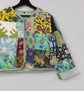 Handmade Quilted <b>Jacket</b> Coats New Style Boho <b>Jacket</b> Cotton Quilted Raw Edge <b>Jacket</b> Women Wear Front Open <b>Kimono</b> Stripe Piping - Product Image 2