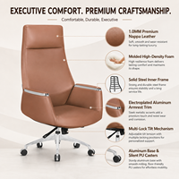 Chaise de bureau exécutive en cuir à dossier haut, ergonomique, pivotante et inclinable, avec base en alliage d'aluminium pour espace de travail professionnel