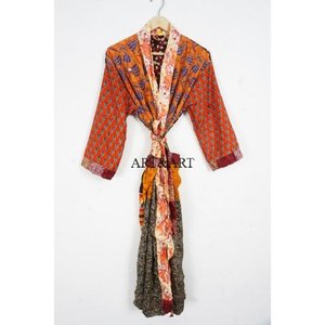 Indian Silk Elegant Boho Floral Patchwork Long Beach Cover-Up Summer <b>Cardigan</b> Women's Night Wear Sleepwear Robe Soft - Product Image 1
