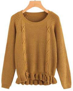 Pull en tricot épais pour femme, manches longues, col rond, détail à lacets, ourlet à volants, doux, chaud, décontracté, couleur marron jaune - Product Image 1