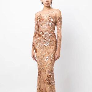 Robe de soirée de luxe à motif floral, robe de bal de haute qualité, broderie de sequins perlés, manches longues, forme de corps longue, antistatique, maxi - Product Image 1