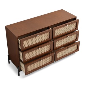 Commode Boho moderne 6 tiroirs en rotin couleur noyer clair et pieds en métal pour commode industrielle en bois d'acajou véritable pour chambre à coucher - Product Image 2